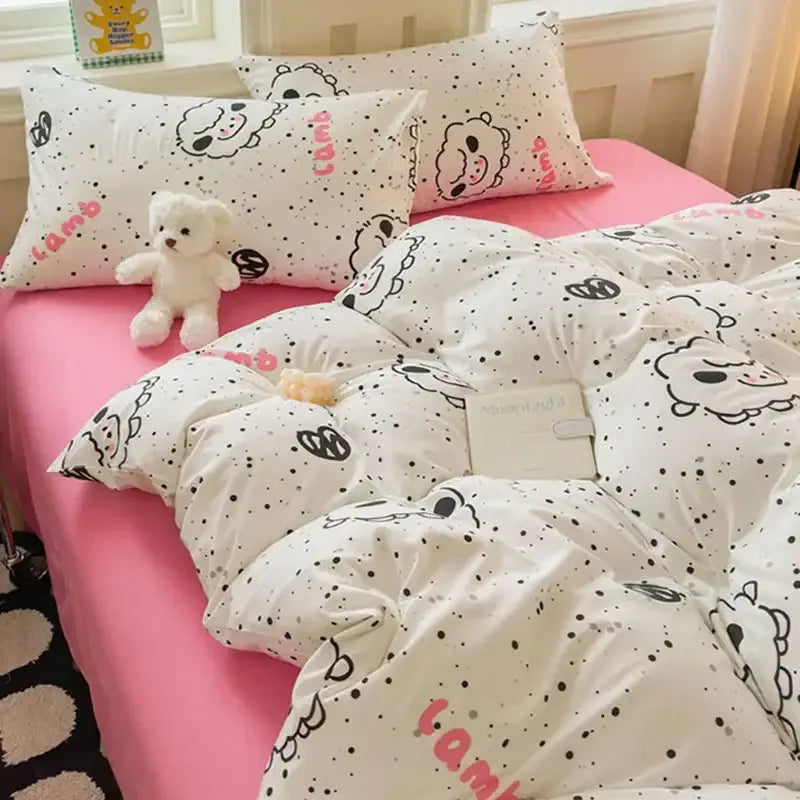 Cartoon print white & pink lamb bedding set for bedroom cozy decor