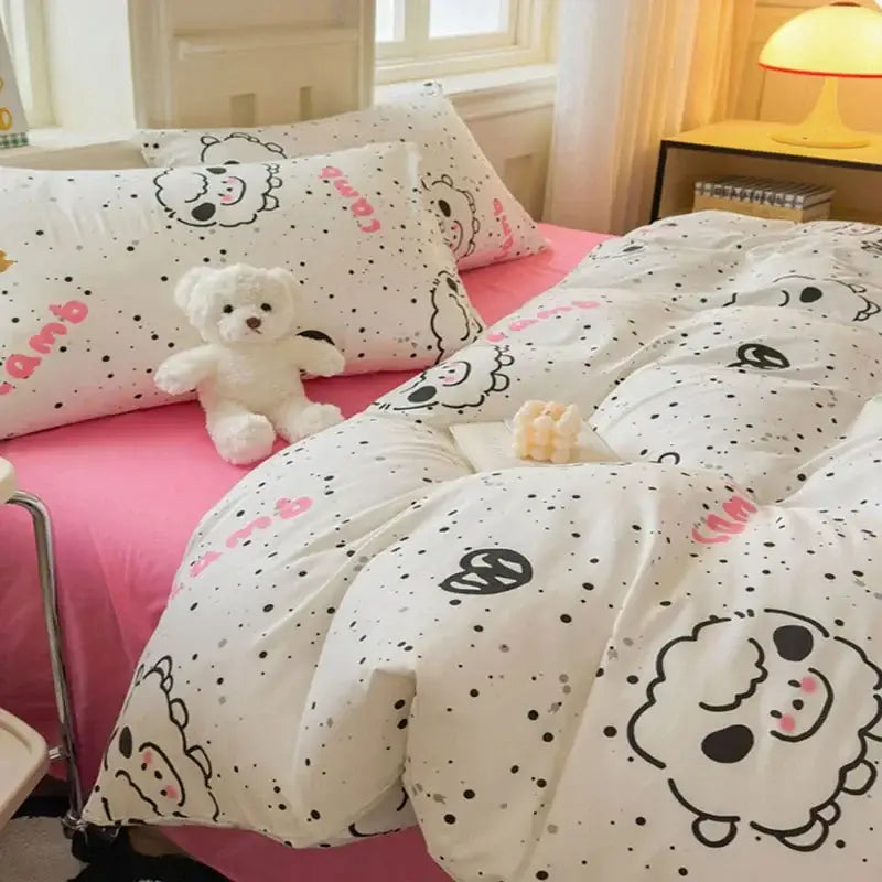 Cartoon print white & pink lamb bedding set for bedroom cozy decor