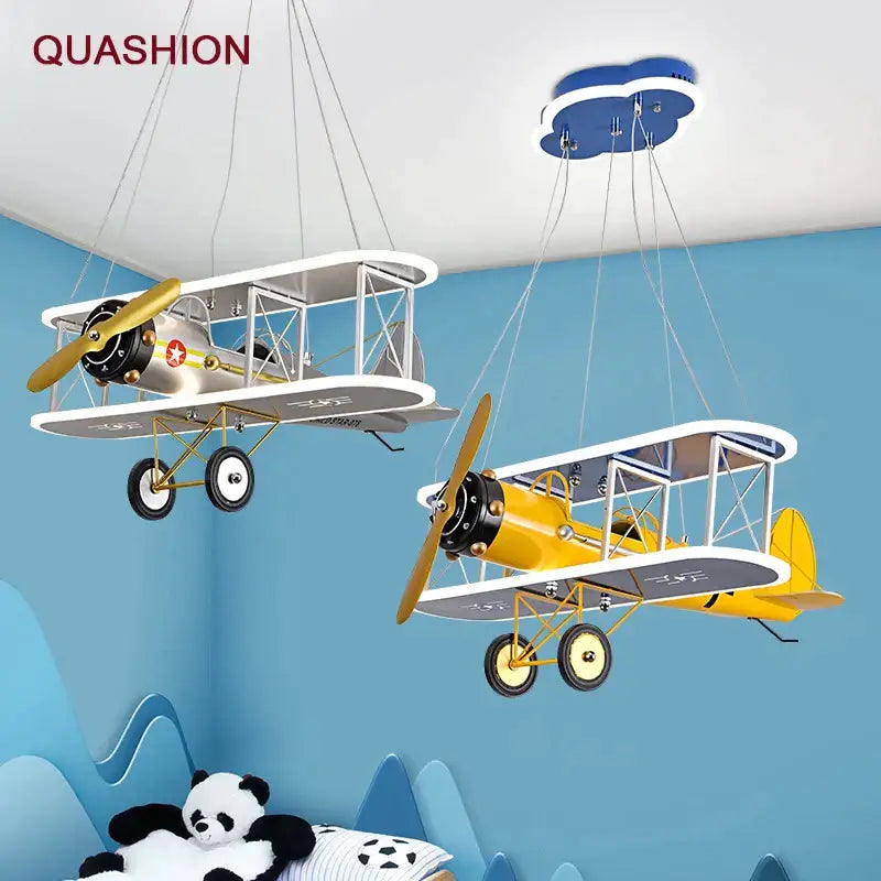 Yellow & silver biplane aircraft led chandelier for boys bedroom