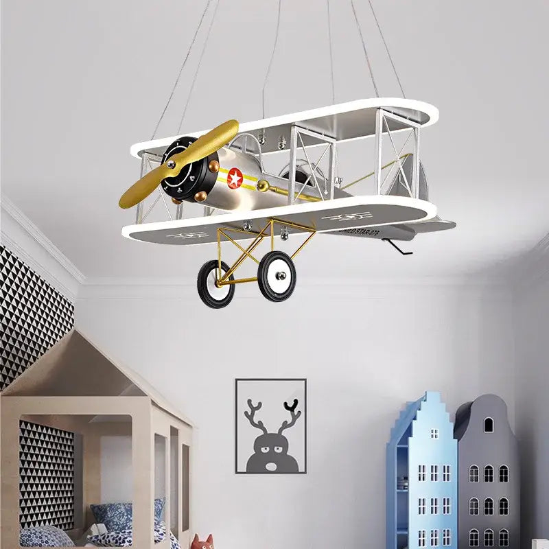 Yellow & silver biplane aircraft led chandelier for boys bedroom