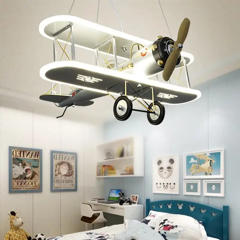 Yellow & silver biplane aircraft led chandelier for boys bedroom