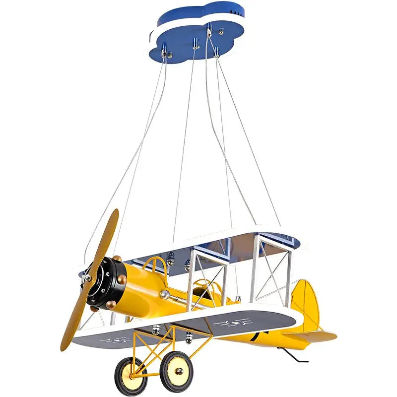 Yellow & silver biplane aircraft led chandelier for boys bedroom