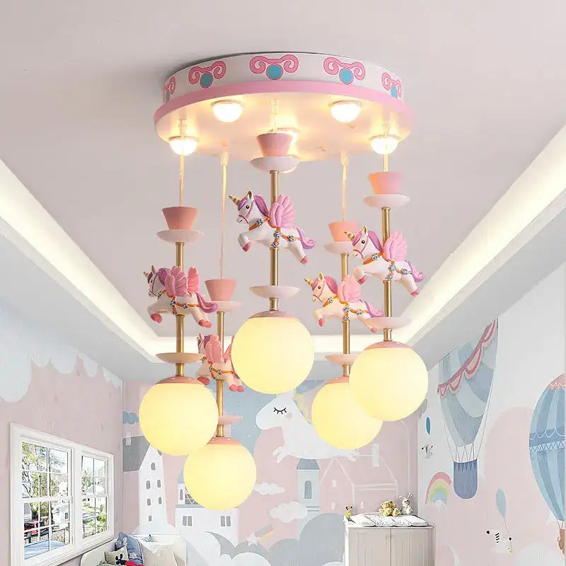 Pink and gold unicorn carousel led chandeliers bedroom pendant light