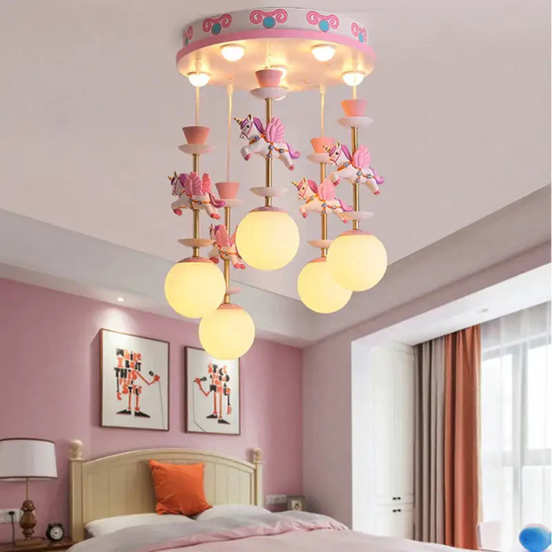 Pink and gold unicorn carousel led chandeliers bedroom pendant light