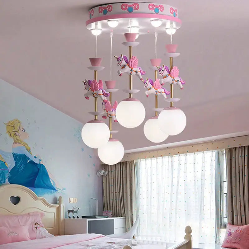 Pink and gold unicorn carousel led chandeliers bedroom pendant light