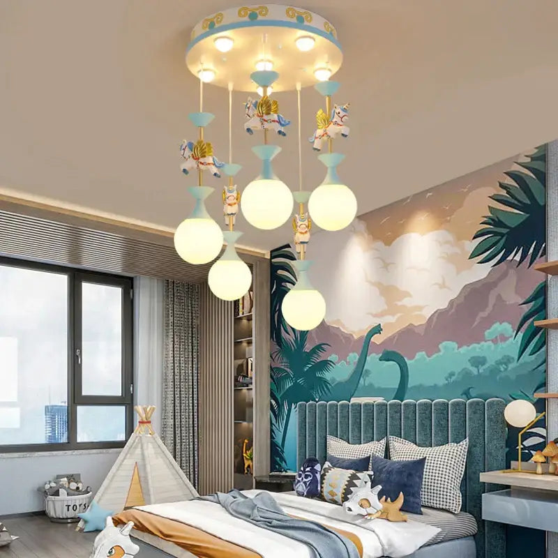 Pink and gold unicorn carousel led chandeliers bedroom pendant light