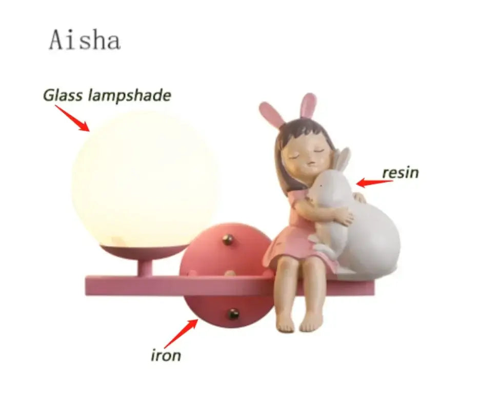 Creative cartoon eye protection pink wall lamp bedroom girl figurine