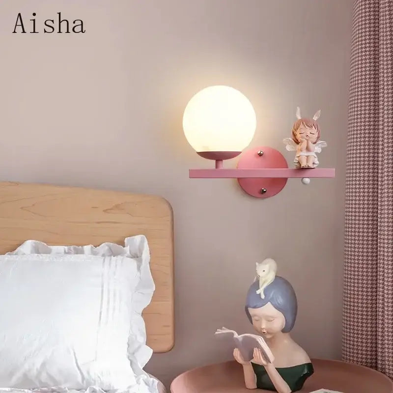 Creative cartoon eye protection pink wall lamp bedroom girl figurine