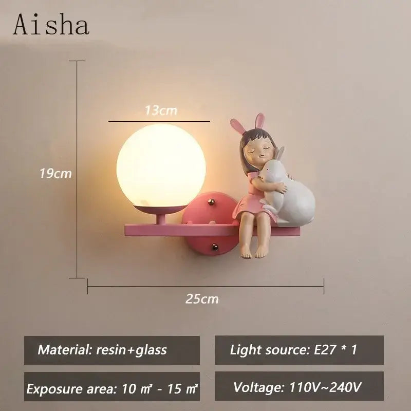 Creative cartoon eye protection pink wall lamp bedroom girl figurine