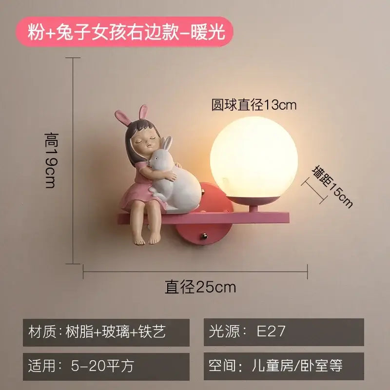 Creative cartoon eye protection pink wall lamp bedroom girl figurine