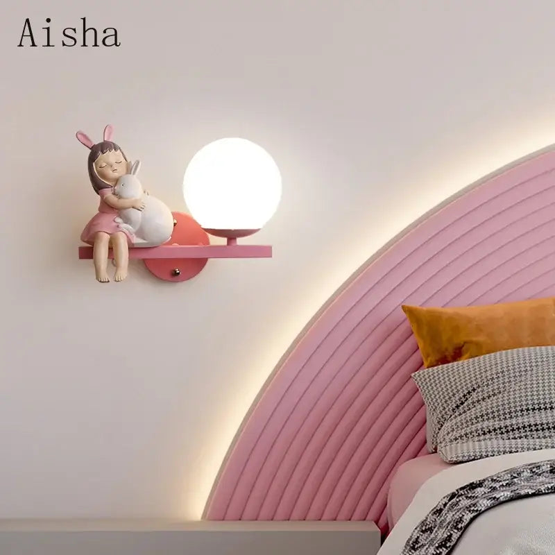 Creative cartoon eye protection pink wall lamp bedroom girl figurine