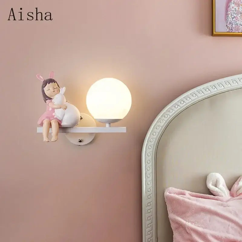 Creative cartoon eye protection pink wall lamp bedroom girl figurine