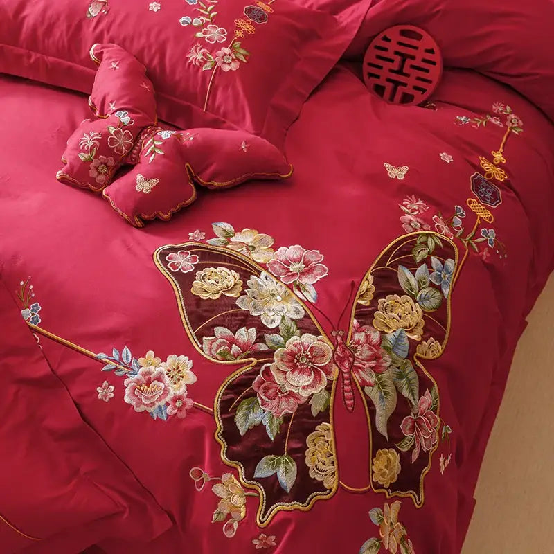 Red chinese butterfly flowers embroidery bedding set bedroom cotton