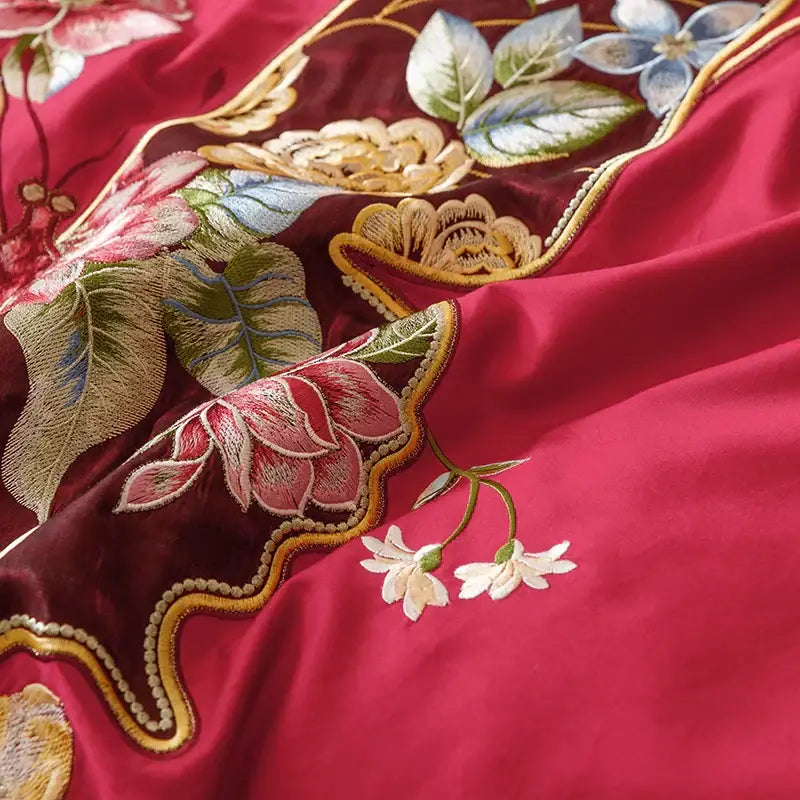 Red chinese butterfly flowers embroidery bedding set bedroom cotton