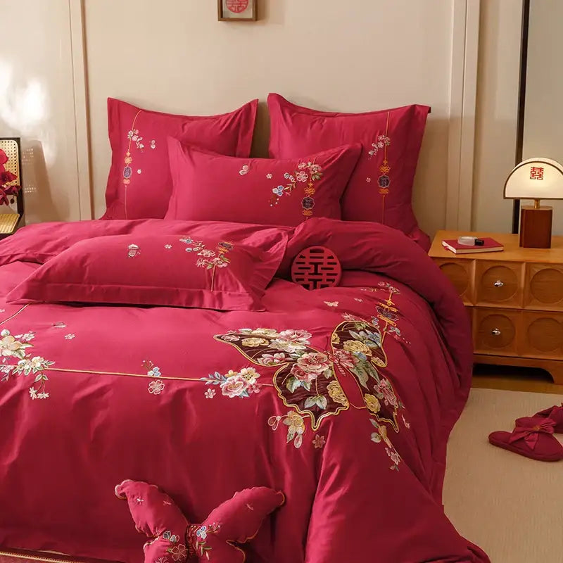 Red chinese butterfly flowers embroidery bedding set bedroom cotton