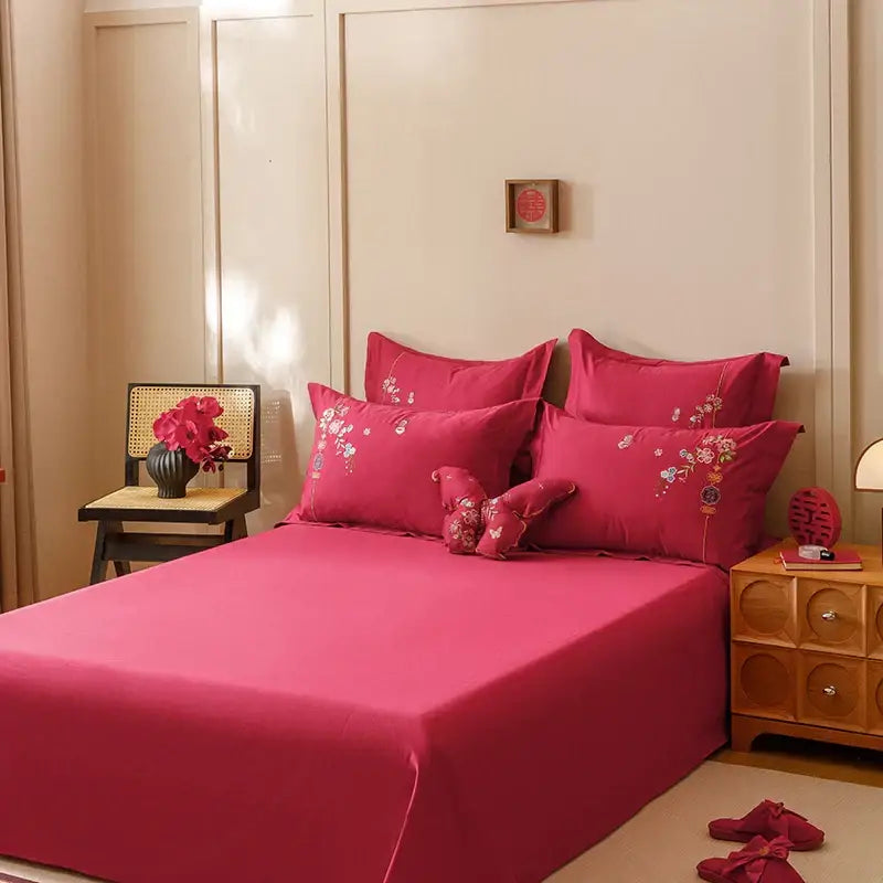 Red chinese butterfly flowers embroidery bedding set bedroom cotton