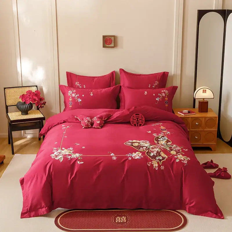 Red chinese butterfly flowers embroidery bedding set bedroom cotton