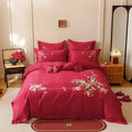 Red chinese butterfly flowers embroidery bedding set bedroom cotton