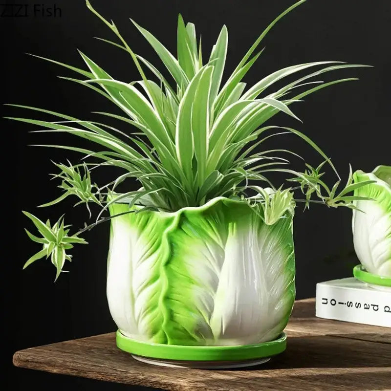 Green and white chinese cabbage ceramic vase living room decor
