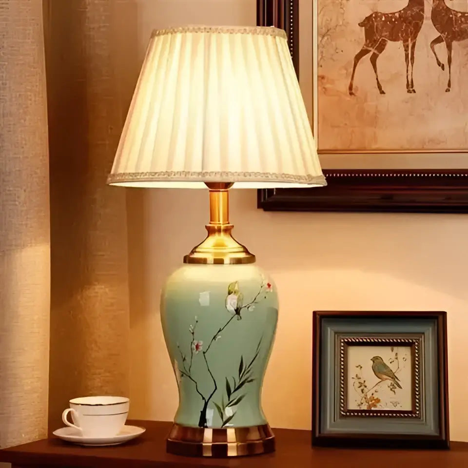 Chinese bird and floral ceramic table lamp cream & blue bedroom