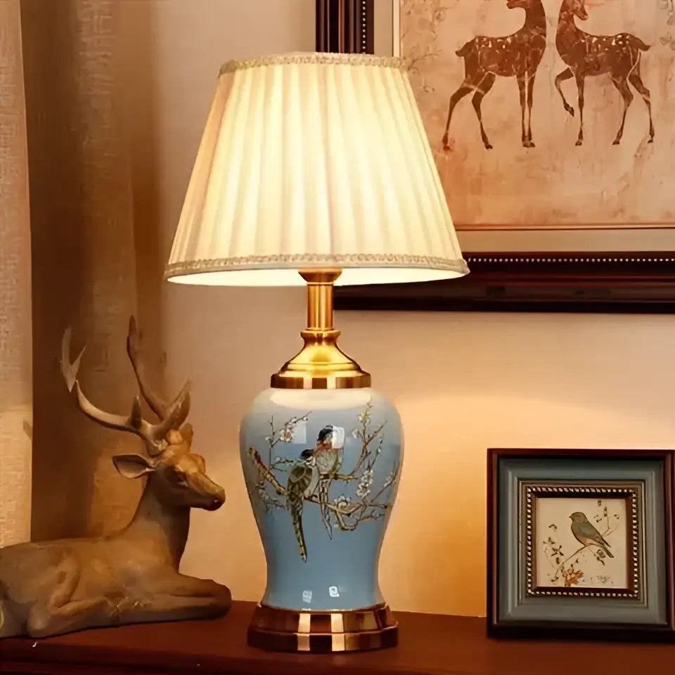 Chinese bird and floral ceramic table lamp cream & blue bedroom