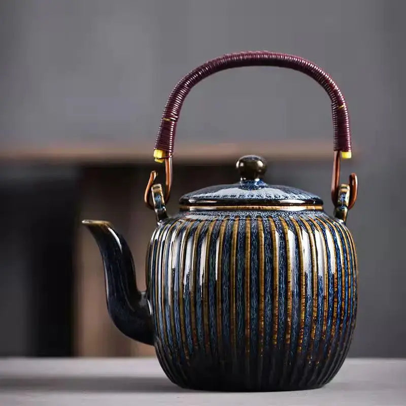 Vintage blue & gold ribbed ceramic teapot set – kitchen teaware
