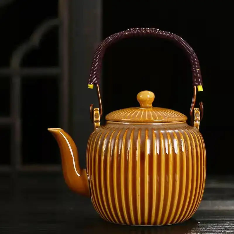 Vintage blue & gold ribbed ceramic teapot set – kitchen teaware