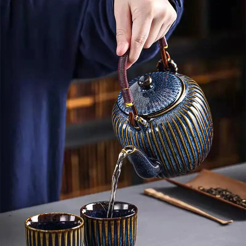 Vintage blue & gold ribbed ceramic teapot set – kitchen teaware