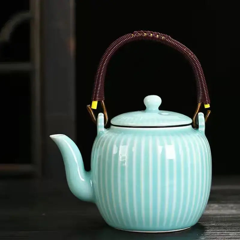 Vintage blue & gold ribbed ceramic teapot set – kitchen teaware