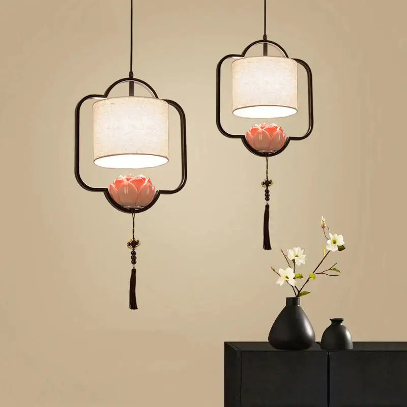 Chinese lotus cloth chandelier cream & black bedroom pendant light