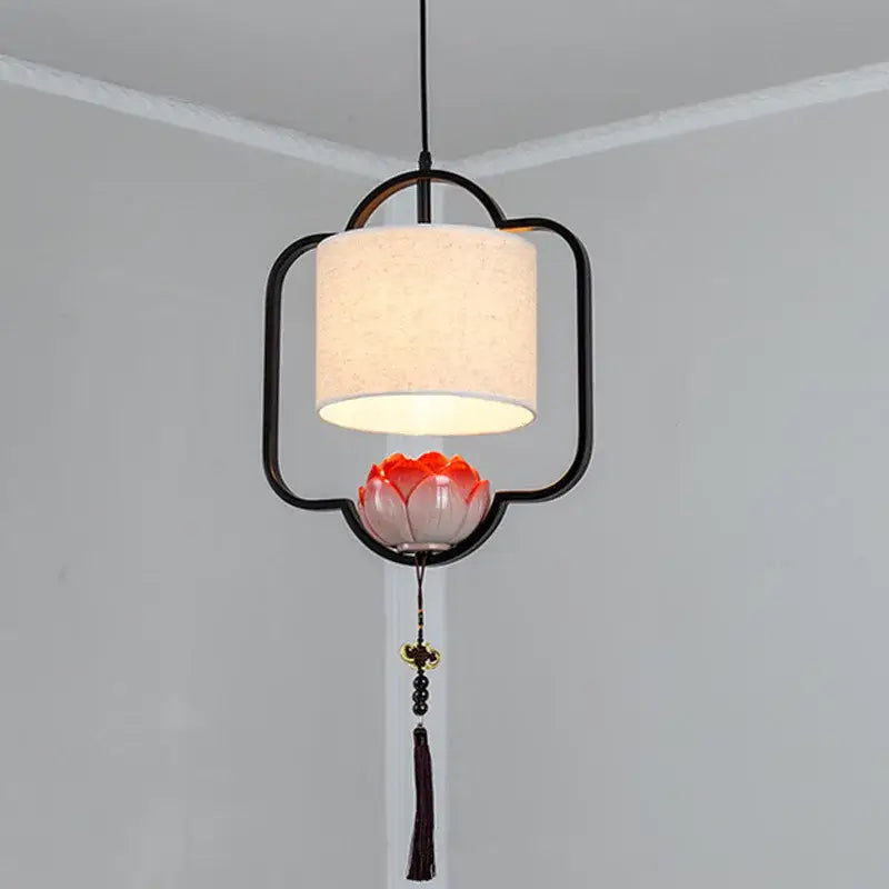 Chinese lotus cloth chandelier cream & black bedroom pendant light