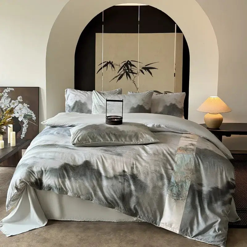 Chinese ink wash silk printing bedding set – grey & blue bedroom duvet