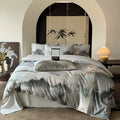 Chinese ink wash silk printing bedding set – grey & blue bedroom duvet
