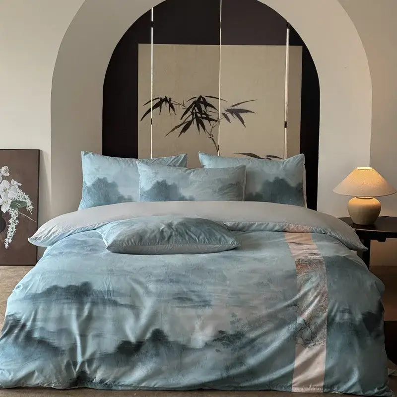 Chinese ink wash silk printing bedding set – grey & blue bedroom duvet