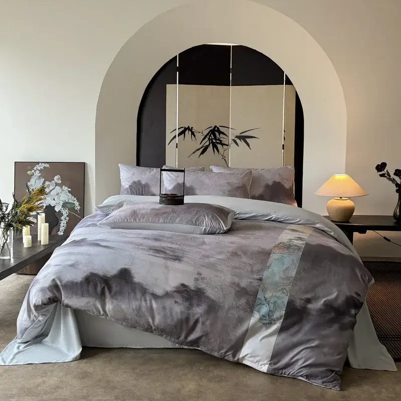 Chinese ink wash silk printing bedding set – grey & blue bedroom duvet
