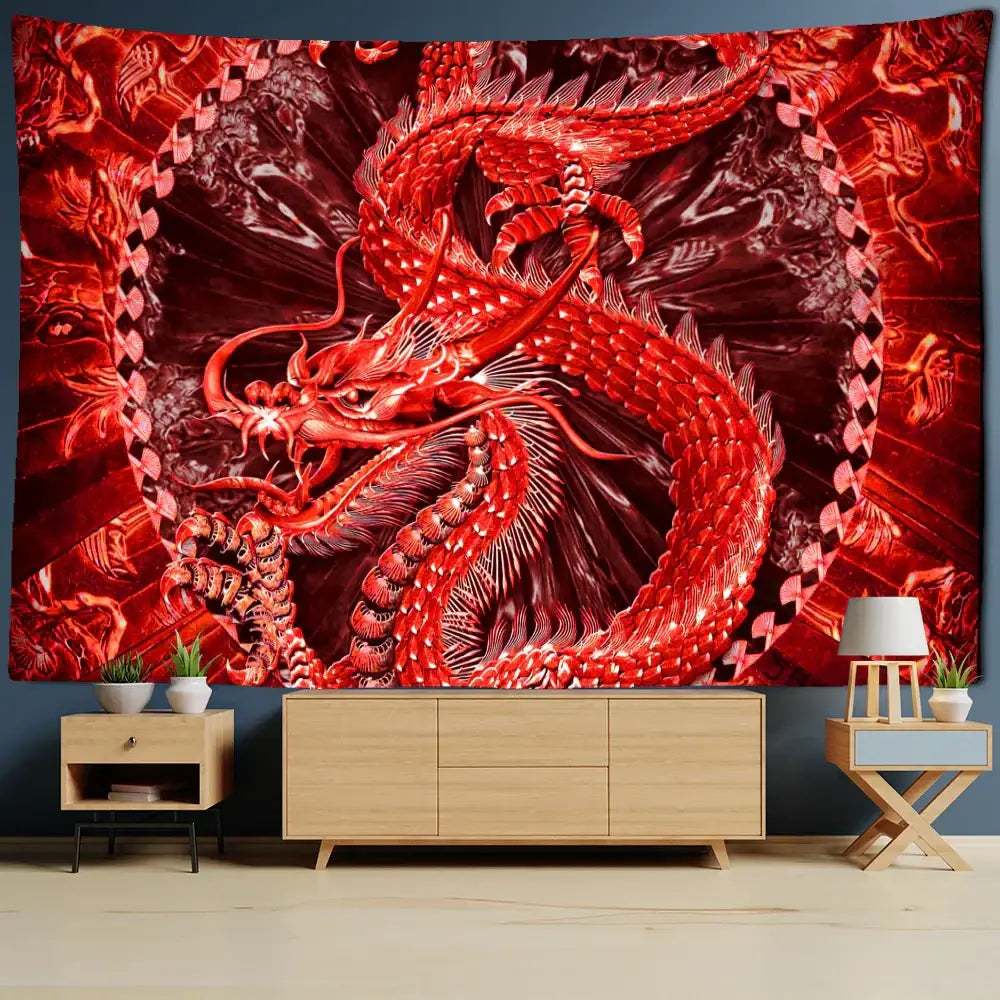 Golden dragon castle totem tapestry bedroom wall hanging decor