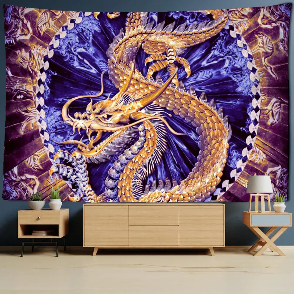 Golden dragon castle totem tapestry bedroom wall hanging decor