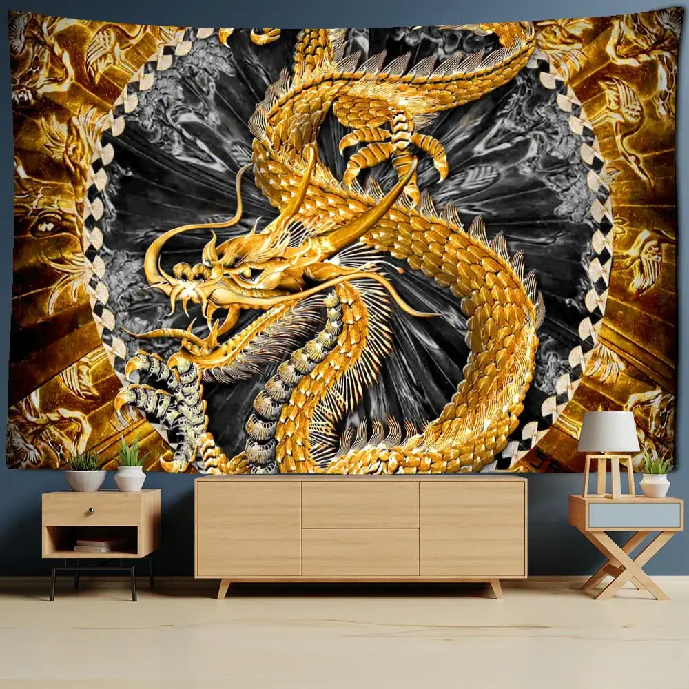 Golden dragon castle totem tapestry bedroom wall hanging decor
