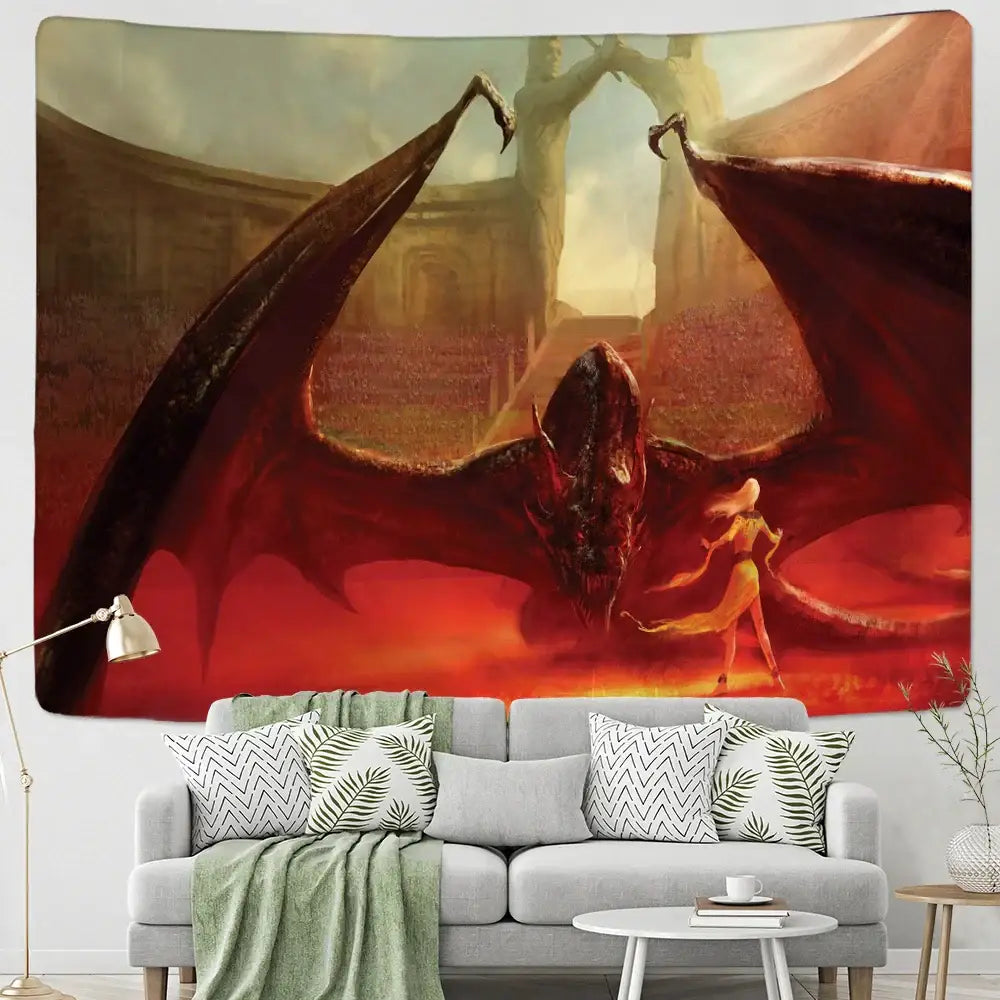 Golden dragon castle totem tapestry bedroom wall hanging decor