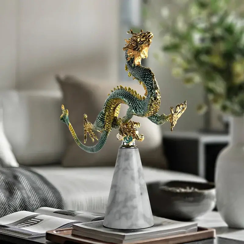 Teal and gold chinese dragon phoenix decor study sculpture