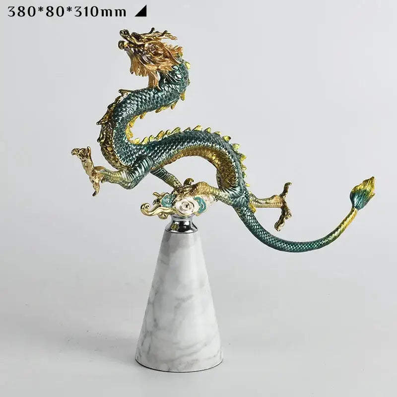 Teal and gold chinese dragon phoenix decor study sculpture