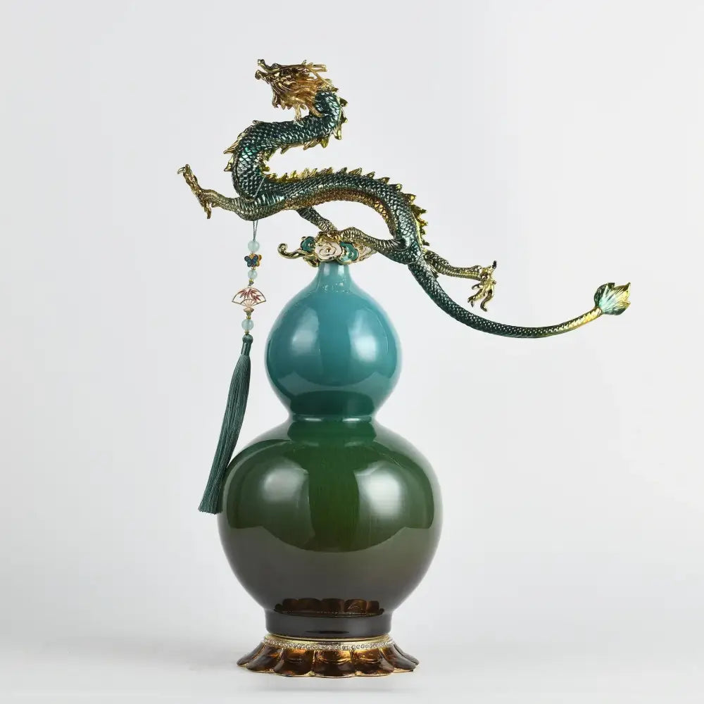 Teal and gold chinese dragon phoenix decor study sculpture