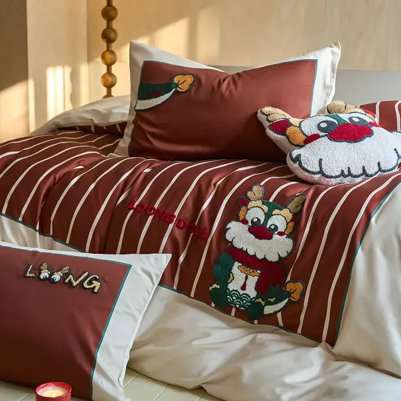 Cartoon reindeer red & white embroidered cotton bedding set bedroom