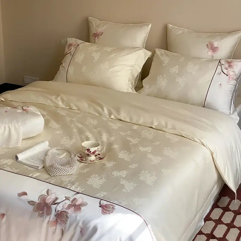 Cream chinese floral embroidery lyocell cotton bedding set bedroom