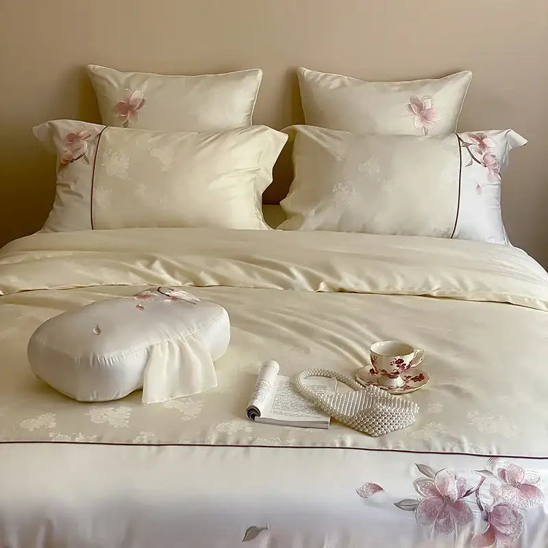 Cream chinese floral embroidery lyocell cotton bedding set bedroom