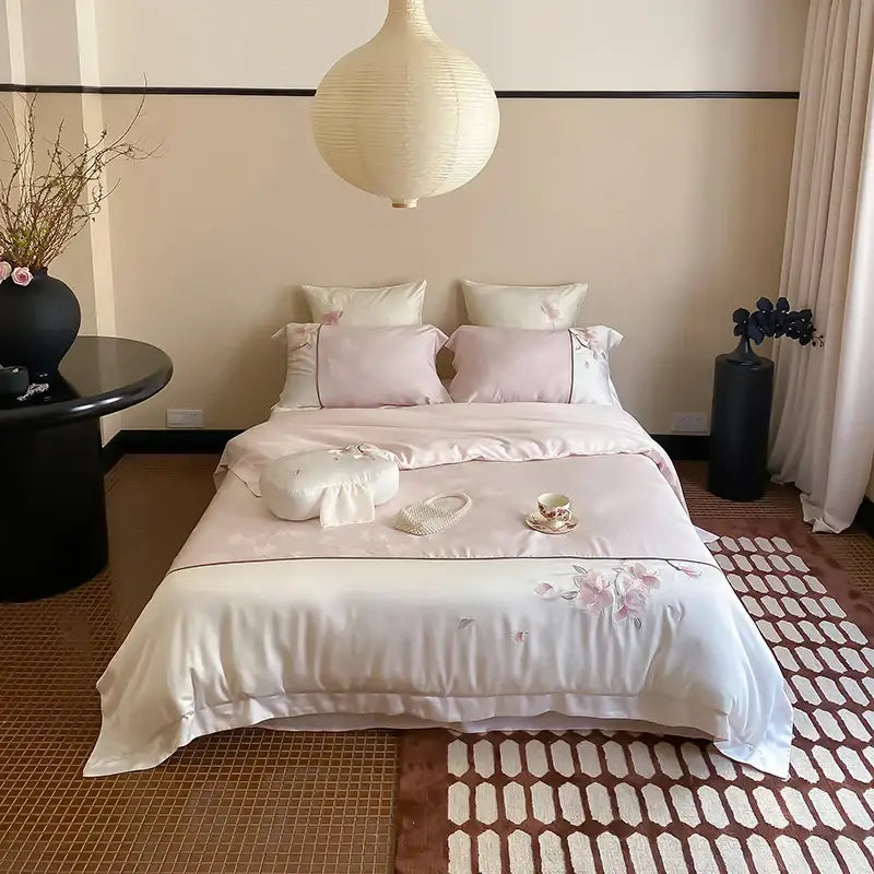 Cream chinese floral embroidery lyocell cotton bedding set bedroom