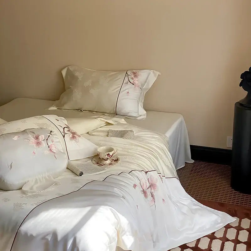 Cream chinese floral embroidery lyocell cotton bedding set bedroom