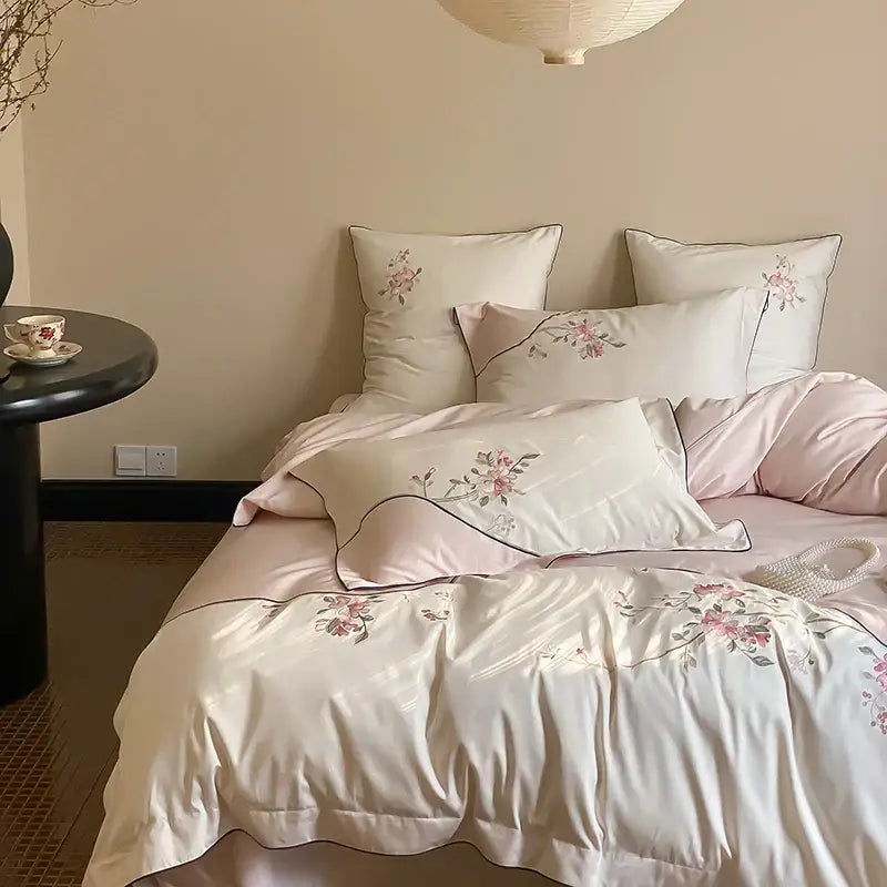 Luxury chinese flowers embroidery ivory bedding set bedroom duvet cover