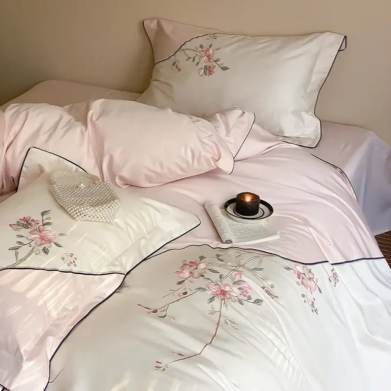 Luxury chinese flowers embroidery ivory bedding set bedroom duvet cover