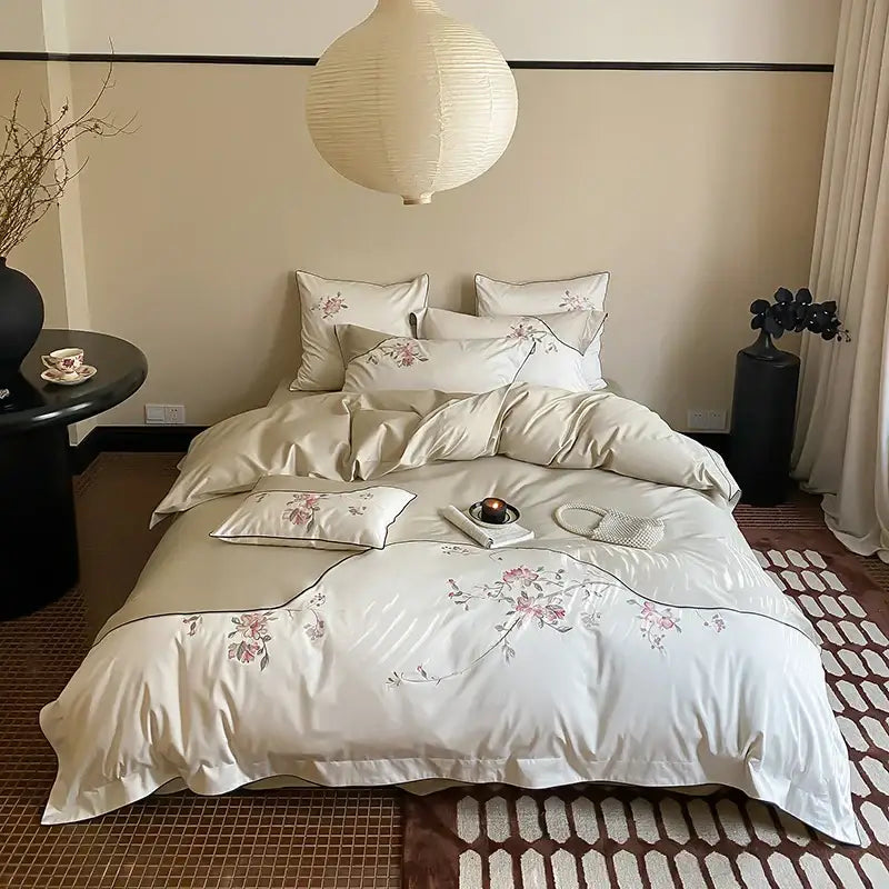 Luxury chinese flowers embroidery ivory bedding set bedroom duvet cover